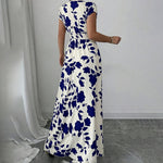 Women's Wrap V Neck Short Sleeve Empire Elastic Waist Summer Casual Elegant Maxi Long Dresses