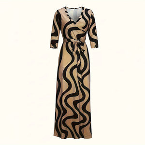 Women's Summer Geometric Print Maxi Dresses Casual 3 4 Sleeve V-Neck Tie Waist Long Dress