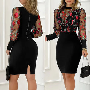 Women's Sexy Bodycon Midi Dress Mock Neck Long Sleeve Sheer Dresses Night Club Party Dresses