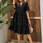 Women's Plus Size Buttoned Dress - Summer Casual V-Neck Short Sleeve Midi Dress