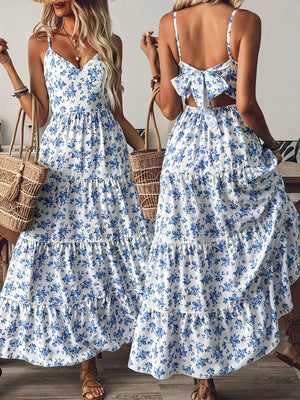Women's Summer V-Neck Floral Print Strappy Dress - Sexy Backless Bowknot Flowy Maxi Party Dress