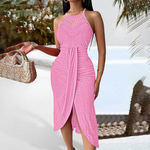Women's Sexy Halter Neck Ruched Bodycon Midi Dresses Elegant Sleeveless Cocktail Party Dress