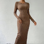Women's Crew Neck Long Sleeve Ribbed Dress Side Slit Knit Bodycon Midi Dress