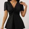 Women's V-neck Fashionable And Elegant Temperament Versatile Solid Color Short Sleeved T-shirt Top