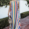 Ladies' Contrasting Striped Print Hanging Pleats Loose And Versatile Off Shoulder Hanging Neck Lace Up Backless Dress