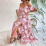 Women's Floral Maxi Dress Cold Shoulder Split Belted A Line Long Summer Dress