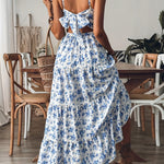 Women's Summer V-Neck Floral Print Strappy Dress - Sexy Backless Bowknot Flowy Maxi Party Dress