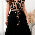Women's Plus Size Printed Midi Dress - Summer Casual V-Neck Ruffled Sleeve Paneled Dress With Belt
