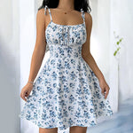 Womens Floral Mini Dress Spaghetti Strap Sleeveless Tie Shoulder Ruffle Summer Boho Dresses