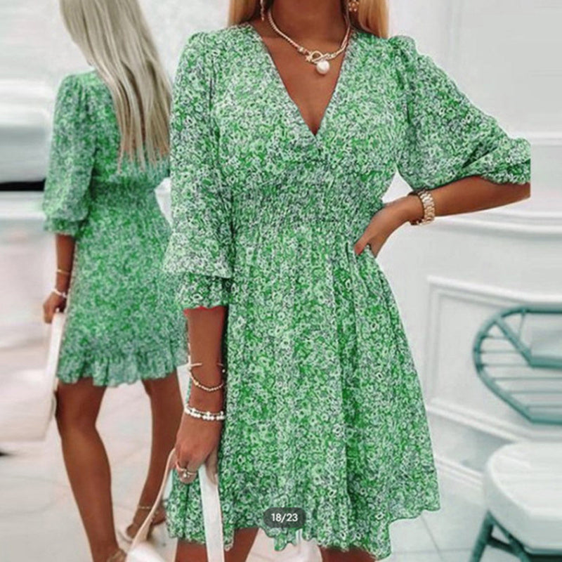 Womens Boho Floral Deep V Neck Smocked Elastic Waist Casual A-Line Swing Mini Dress Sundress