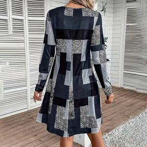 Women's Round Neck Long Sleeve Dress - Digital Print Casual Elegant Spring & Fall Dress
