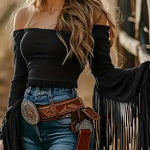 Women's Western Cowgirl  Fringe Trim Tops Sexy Off Shoulder Long Sleeve T Shirts Tassel Top