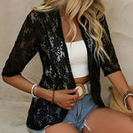 Women's Floral Lace 3 4 Sleeve Bolero Shrugs Sheer Open Front Cardigan Blazer