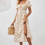Women's Square Neck Floral Print Dress With Puff Sleeves & Side Slit - Elegant Spring Summer Boho Maxi Dress
