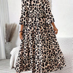 Women's Leopard Print Mid-Sleeve Loose-Fit Casual Comfortable Maxi Dress - Flattering For Slimming