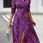 Women's Long-Sleeved All-Over Leopard Print Belted Shirt Dress - Casual Maxi Dress