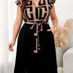 Women's Plus Size Printed Midi Dress - Summer Casual V-Neck Ruffled Sleeve Paneled Dress With Belt