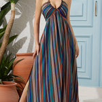 Women's Summer Sexy Backless Deep V-Neck Halter Beach Dress - Side Slit Back Bowknot Elegant Party Flowy Maxi Dress