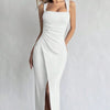 Women's New Fashionable Commuting Solid Color Sleeveless Generous Collar Slit Slim Fit Sexy Dress