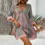 Women's V-Neck Print Dress - Lace Trim Summer Sundress, Casual Boho Chic Style