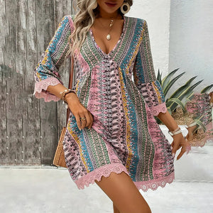 Women's V-Neck Print Dress - Lace Trim Summer Sundress, Casual Boho Chic Style