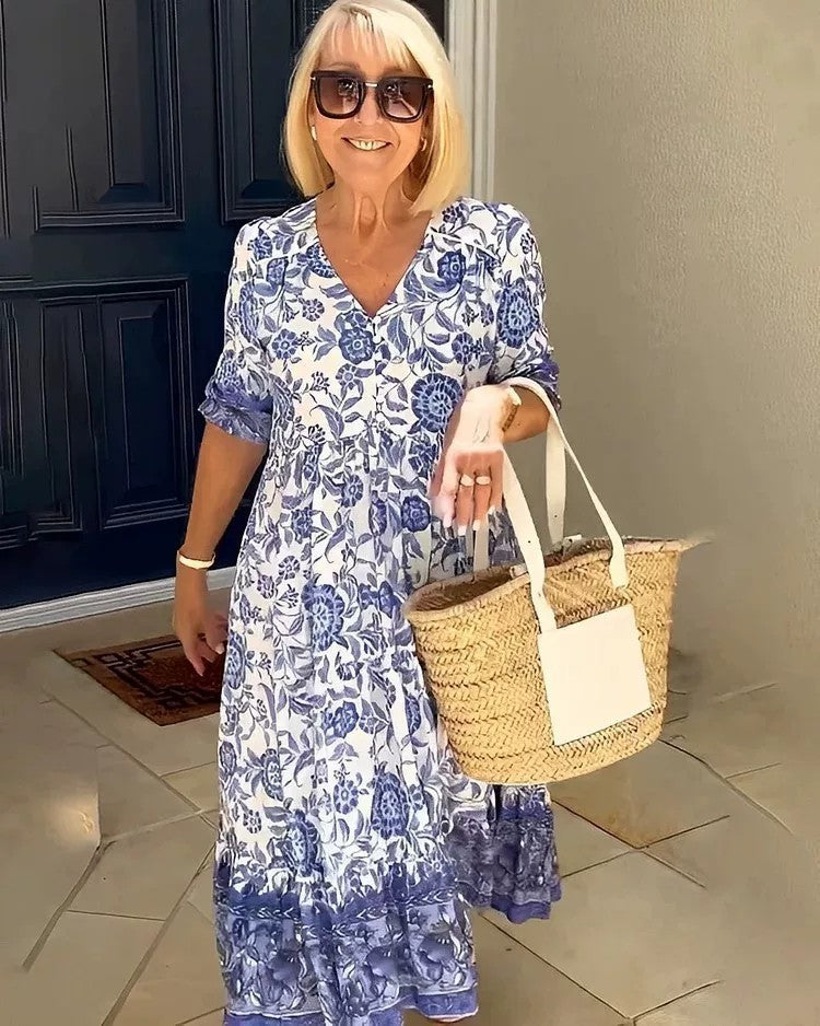 Women's Plus Size V-Neck Floral Print Dress - Loose Fit Casual Spring Summer Dress