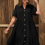 Women's Plus Size Buttoned Dress - Summer Casual V-Neck Short Sleeve Midi Dress