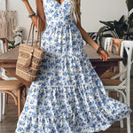 Women's Summer V-Neck Floral Print Strappy Dress - Sexy Backless Bowknot Flowy Maxi Party Dress