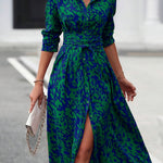 Women's Long-Sleeved All-Over Leopard Print Belted Shirt Dress - Casual Maxi Dress