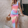 Women's Sleeveless Bodycon Dress - Round Neck Waist Ruffled Side Slit Tight Long Dress