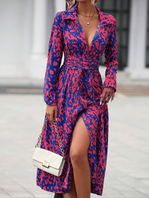 Women's Long-Sleeved All-Over Leopard Print Belted Shirt Dress - Casual Maxi Dress