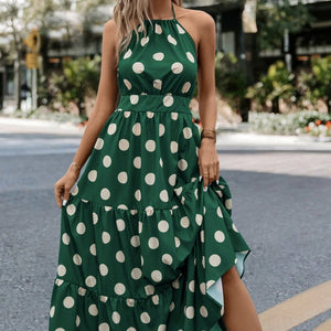 Ladies' Solid Color Summer Fashion Ear Edge A Pendant Shoulder Hanging Neck Detail Dot Printed Dress