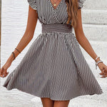 Women's Mini Dress V Neck Flutter Sleeve Striped Smocked Waist A Line Short Summer Dress