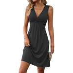 Women's V-Neck Sleeveless Solid Dress - Bust Knot Detail & Waist-Defining Summer Dress