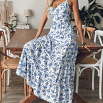 Women's Summer V-Neck Floral Print Strappy Dress - Sexy Backless Bowknot Flowy Maxi Party Dress