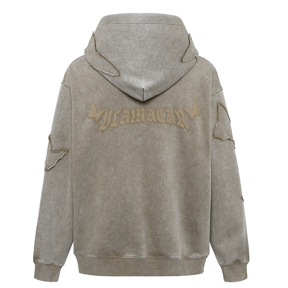 Butterfly Affixed Cloth Embroidered Hooded Sweater Men's Autumn