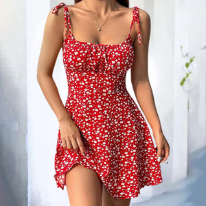 Womens Floral Mini Dress Spaghetti Strap Sleeveless Tie Shoulder Ruffle Summer Boho Dresses