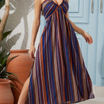 Women's Summer Sexy Backless Deep V-Neck Halter Beach Dress - Side Slit Back Bowknot Elegant Party Flowy Maxi Dress