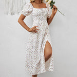 Women's Square Neck Floral Print Dress With Puff Sleeves & Side Slit - Elegant Spring Summer Boho Maxi Dress