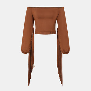 Women's Western Cowgirl  Fringe Trim Tops Sexy Off Shoulder Long Sleeve T Shirts Tassel Top