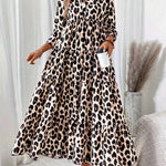 Women's Leopard Print Mid-Sleeve Loose-Fit Casual Comfortable Maxi Dress - Flattering For Slimming