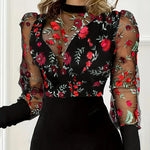 Women's Sexy Bodycon Midi Dress Mock Neck Long Sleeve Sheer Dresses Night Club Party Dresses
