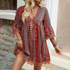 Women's V-Neck Print Dress - Lace Trim Summer Sundress, Casual Boho Chic Style