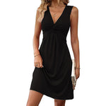 Women's V-Neck Sleeveless Solid Dress - Bust Knot Detail & Waist-Defining Summer Dress