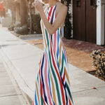 Ladies' Contrasting Striped Print Hanging Pleats Loose And Versatile Off Shoulder Hanging Neck Lace Up Backless Dress