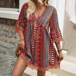 Women's V-Neck Print Dress - Lace Trim Summer Sundress, Casual Boho Chic Style