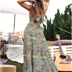 Women's Summer V-Neck Paisley Print Vacation Dress - Sexy Open Back Bowknot Flowy Maxi Party Dress