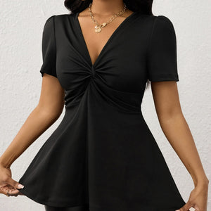 Women's V-neck Fashionable And Elegant Temperament Versatile Solid Color Short Sleeved T-shirt Top