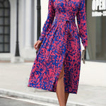 Women's Long-Sleeved All-Over Leopard Print Belted Shirt Dress - Casual Maxi Dress