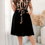Women's Plus Size Printed Midi Dress - Summer Casual V-Neck Ruffled Sleeve Paneled Dress With Belt
